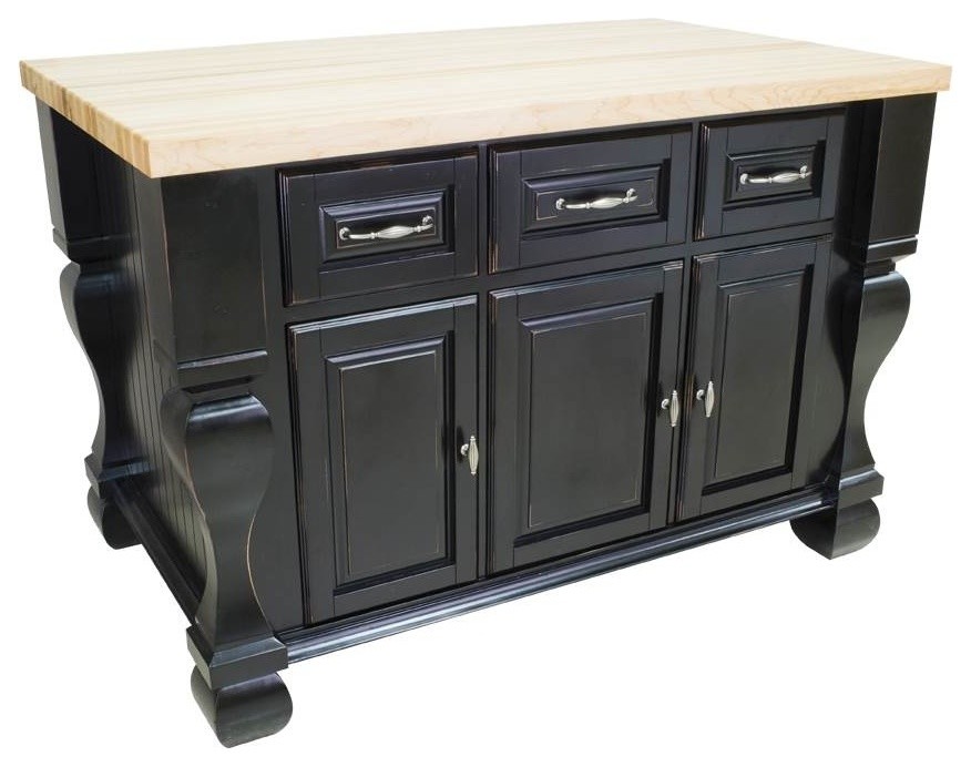Distressed Black Island With Three Drawers/Cabinets (Top Not Included)
