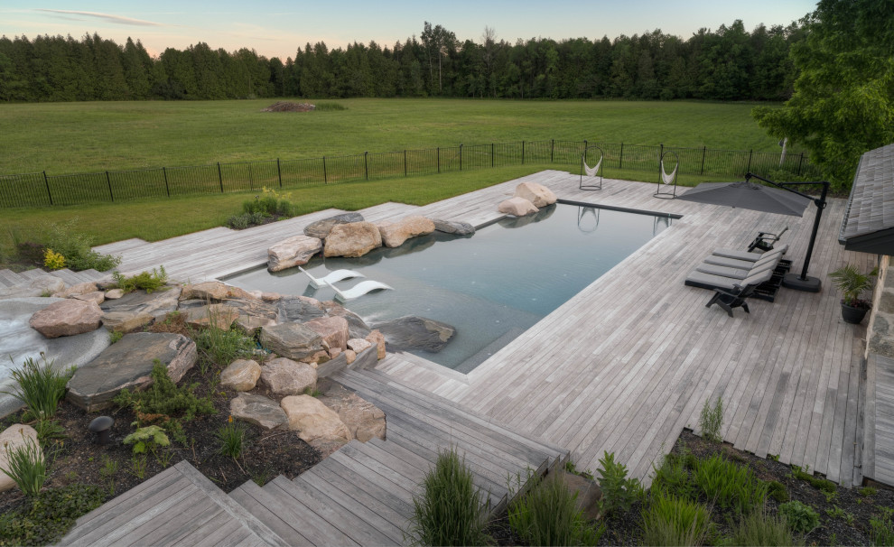 Свежая идея для дизайна: большой ландшафтный бассейн произвольной формы на заднем дворе в стиле неоклассика (современная классика) с настилом - отличное фото интерьера
