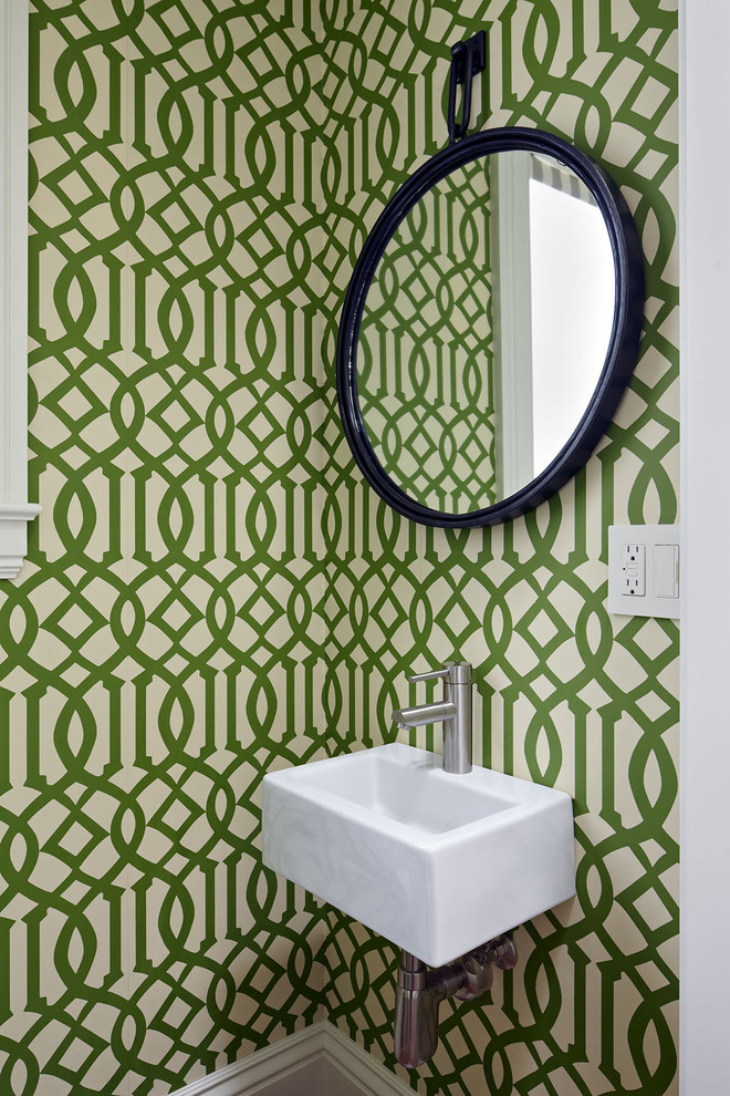 Inspiration for a contemporary powder room in San Francisco with a wall-mount sink and multi-coloured walls.