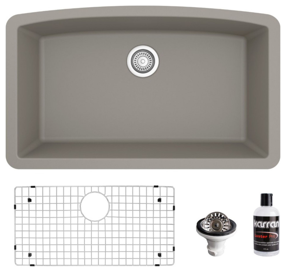 Karran Undermount Quartz 32" Single Bowl Kitchen Sink Kit, Concrete