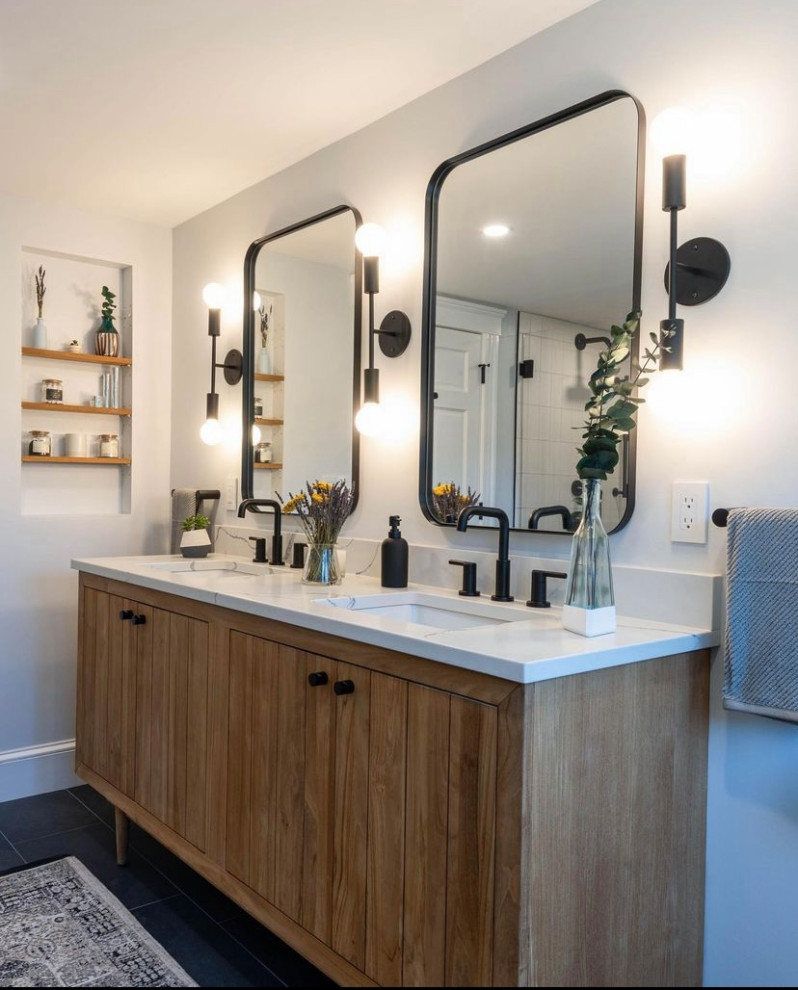 Contemporary bathroom in Boston with furniture-like cabinets, medium wood cabinets, an alcove shower, white tile, glass tile, white walls, terra-cotta floors, an undermount sink, engineered quartz benchtops, grey floor, a sliding shower screen, white benchtops, a niche, a double vanity and a freestanding vanity.