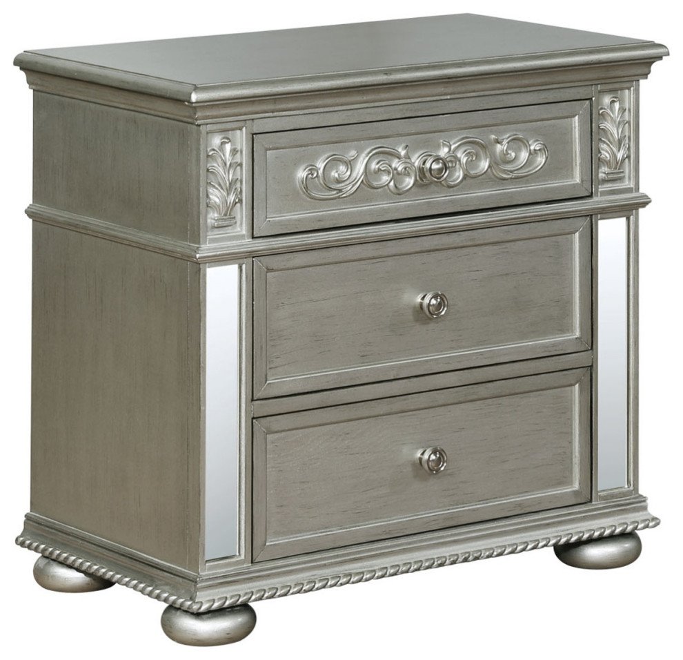 2 Drawer Transitional Nightstand With Mirror Trim Inlay And Bun Feet