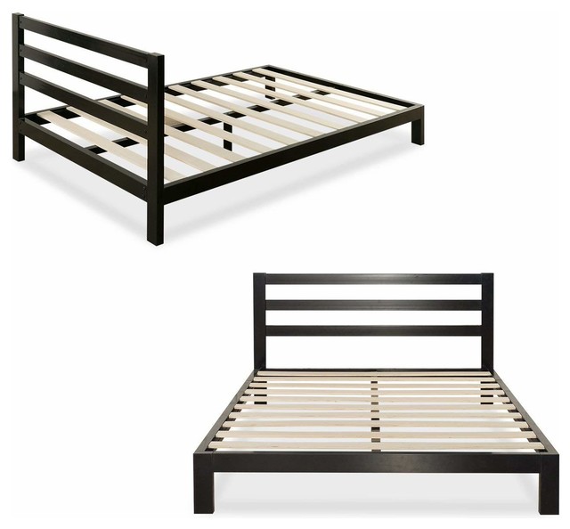 Modern Bed Frame, Sturdy Steel Frame, Wooden Slat and Headboard, Full