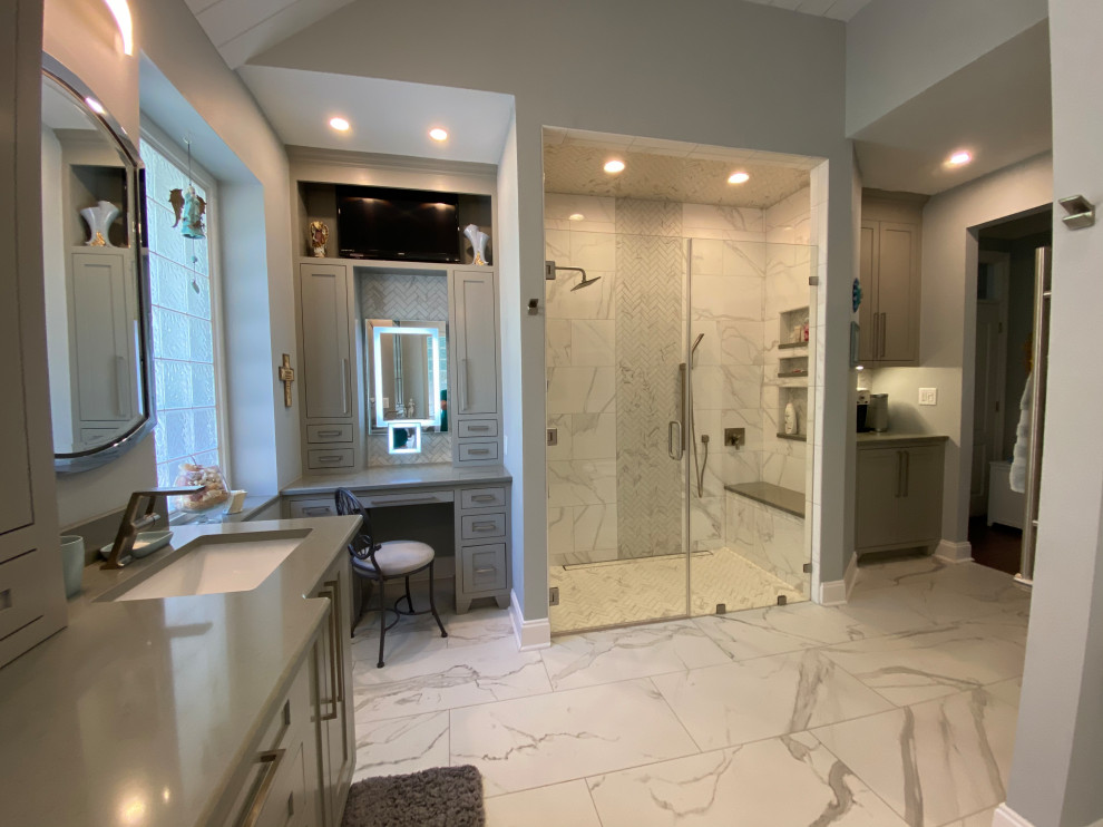 Inspiration for a large country master bathroom in Other with a curbless shower, white tile, porcelain tile, blue walls, porcelain floors, white floor, a hinged shower door, a niche and timber.