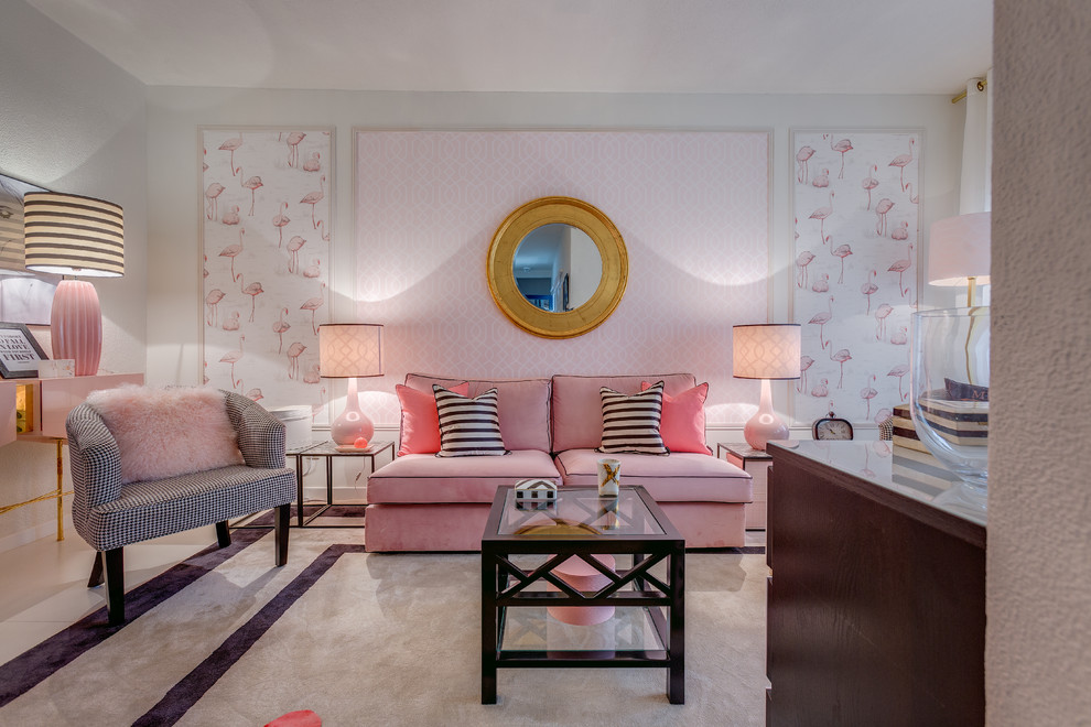 Transitional enclosed family room in Other with pink walls and carpet.