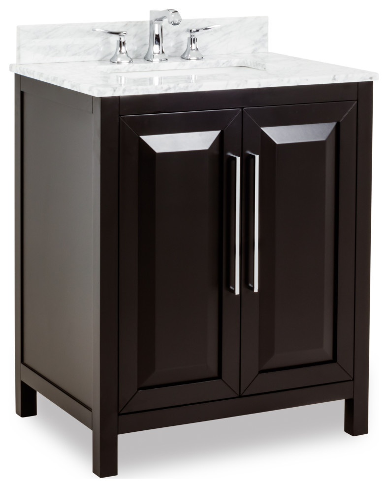 30" Black Vanity,Polished Chrome Hardware,Carrara Marble Top,Bowl
