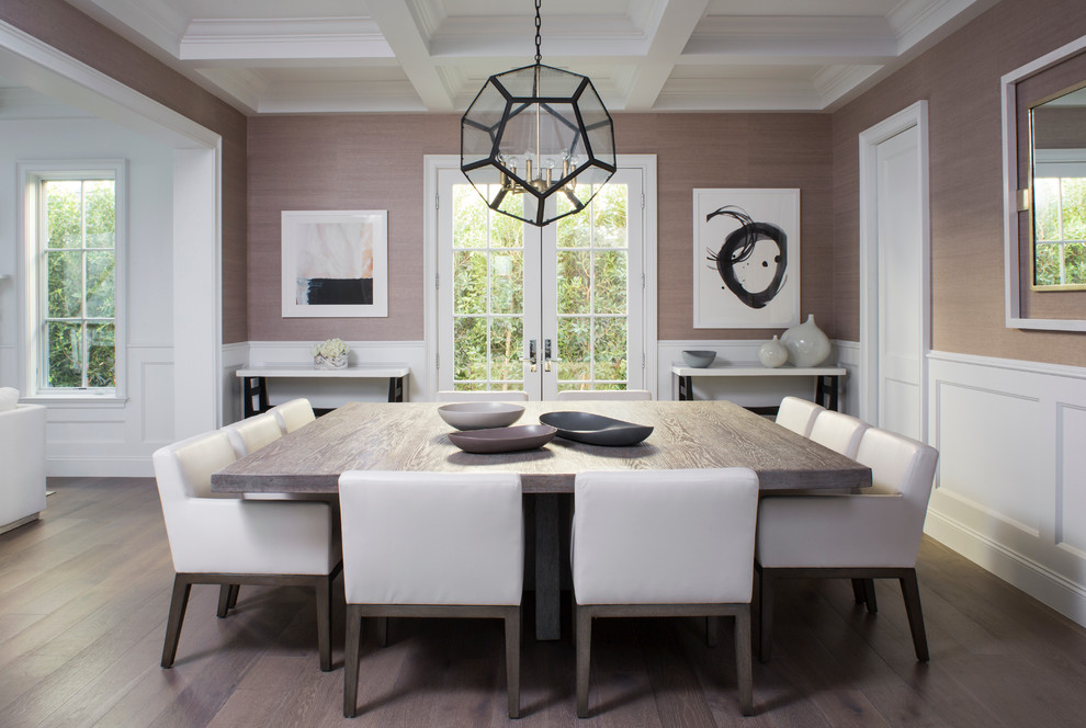 Photo of a mid-sized transitional dining room in Los Angeles with light hardwood floors, no fireplace and beige walls.
