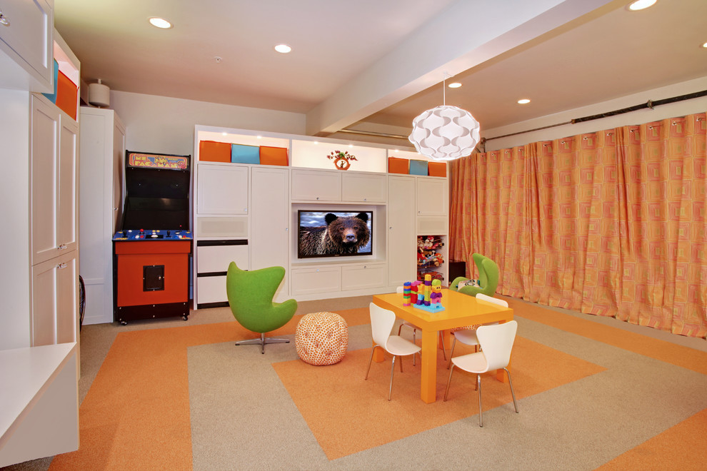 Design ideas for a small contemporary gender-neutral kids' playroom for kids 4-10 years old in Orange County.