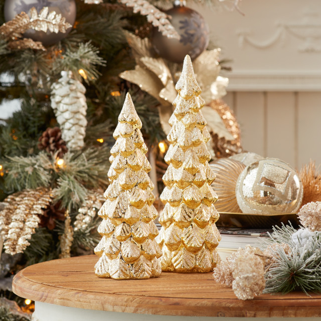 LED Glittered Glass Tree Decor, 2-Piece Set - Modern - Holiday Accents ...