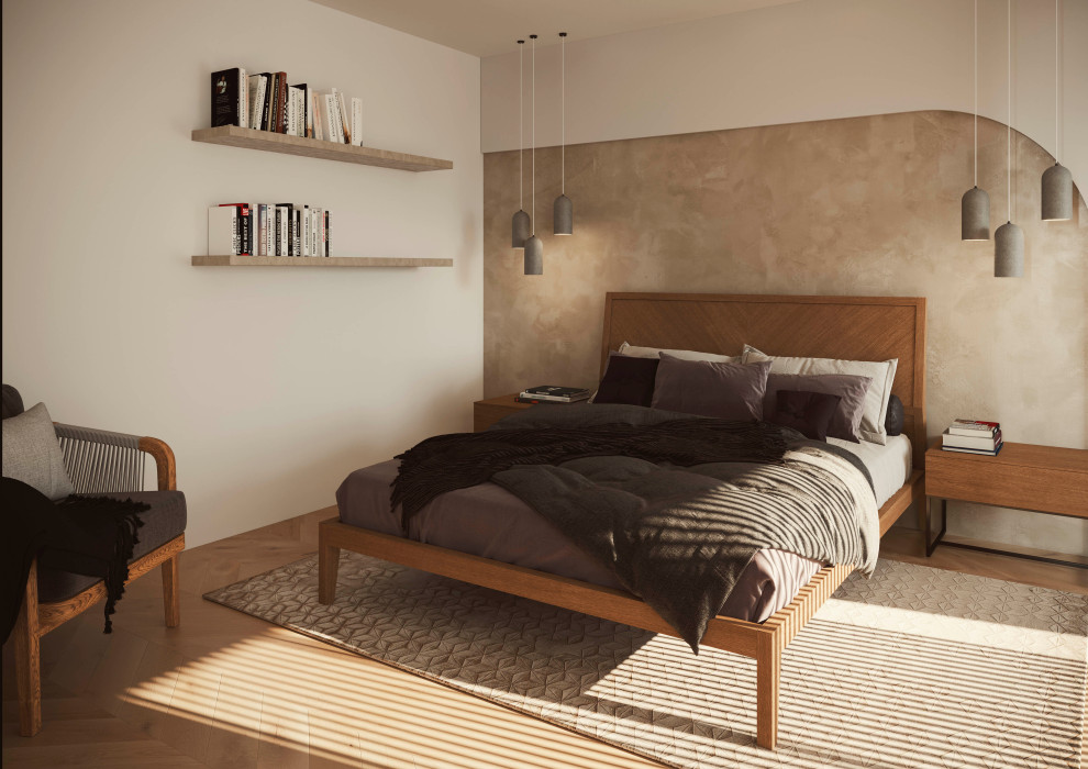 Ejemplo de dormitorio principal de estilo de casa de campo de tamaño medio con paredes blancas, suelo de madera clara y suelo marrón