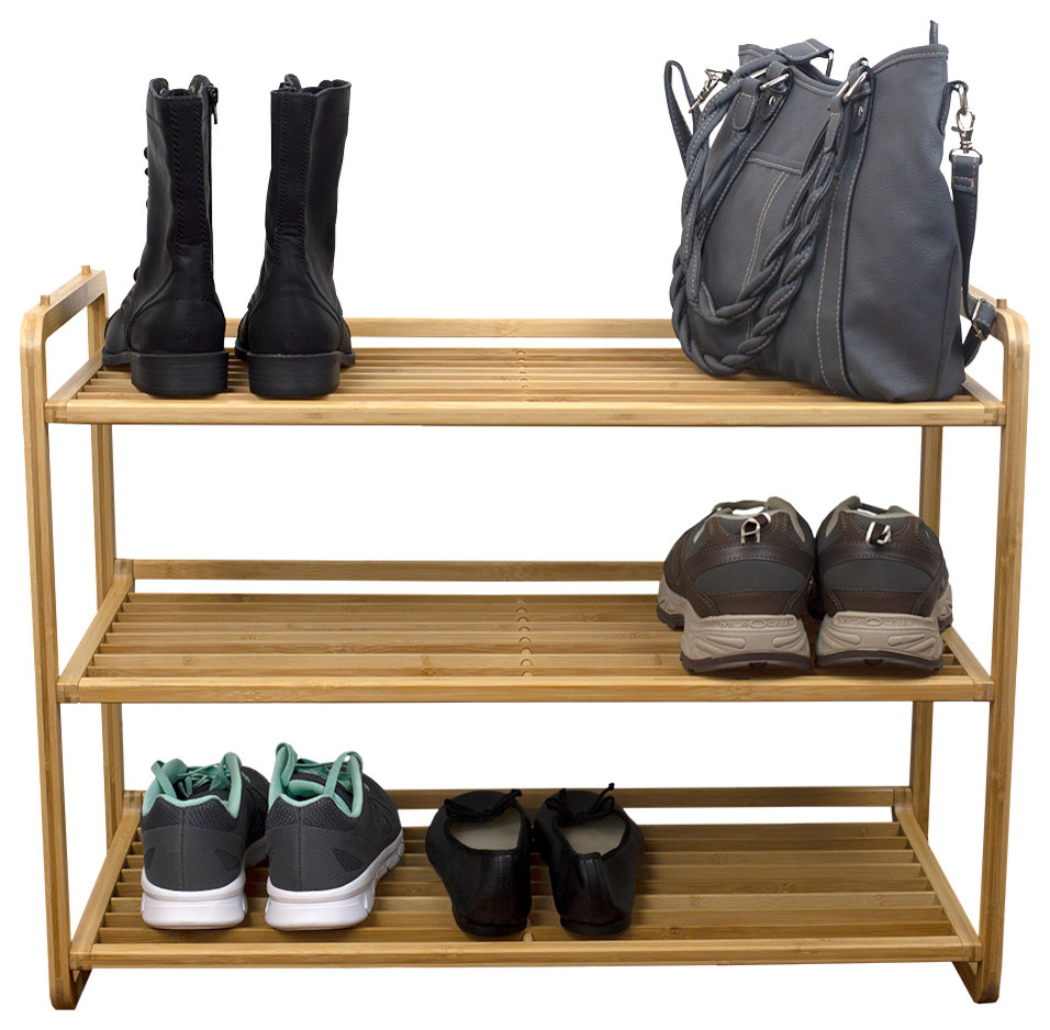 3 Tier Slatted Shelf Bamboo Shoe Rack Natural Transitional Shoe Storage By Home Basics