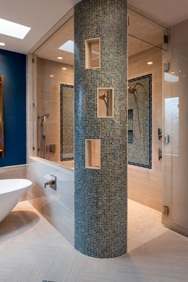 Huge eclectic master multicolored tile and porcelain tile porcelain tile freestanding bathtub photo in Seattle with flat-panel cabinets, beige cabinets, a bidet, beige walls, a vessel sink and glass countertops