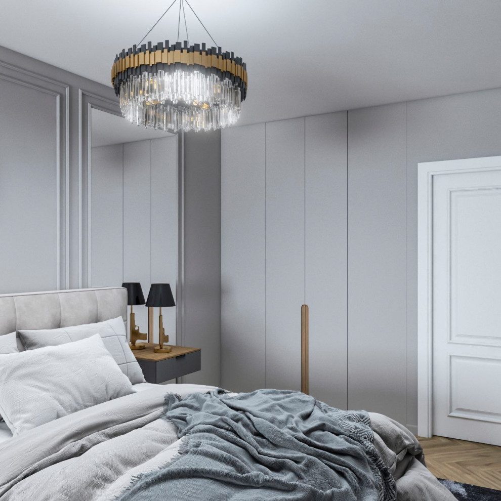 Идея дизайна: хозяйская спальня среднего размера в классическом стиле с серыми стенами, паркетным полом среднего тона, бежевым полом и акцентной стеной