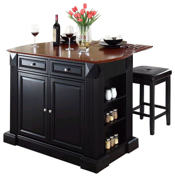 Crosley Coventry Drop Leaf Kitchen Island with Square Stools in Black - Traditional