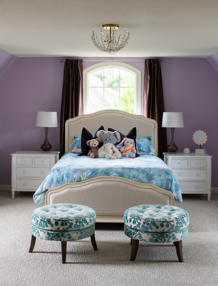Large guest bedroom in Minneapolis with purple walls, carpet, grey floor and wallpaper.
