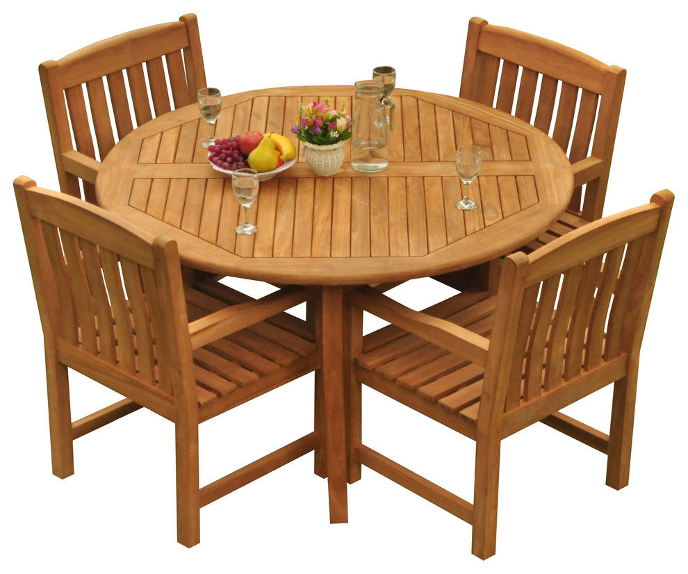 5-Piece Outdoor Patio Teak Dining Set, 52" Round Table, 4 Devon Arm Chairs