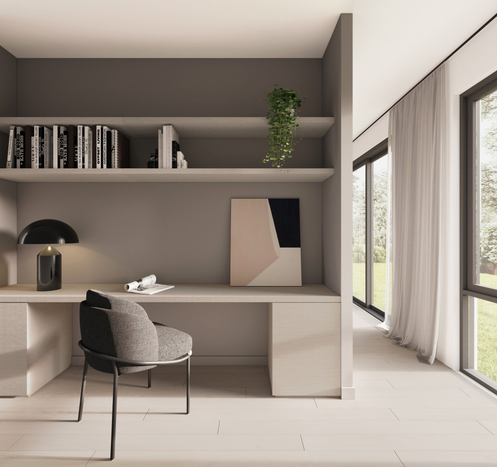Idee per un ufficio minimal di medie dimensioni con pareti beige, nessun camino, scrivania incassata e pavimento beige
