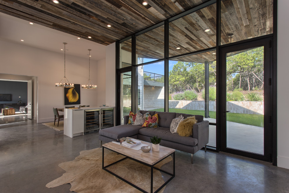 Design ideas for a contemporary living room in Austin with concrete floors.