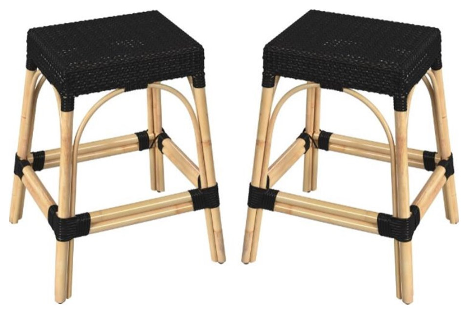 Home Square Coastal Modern Rattan Counter Stool in Black - Set of 2