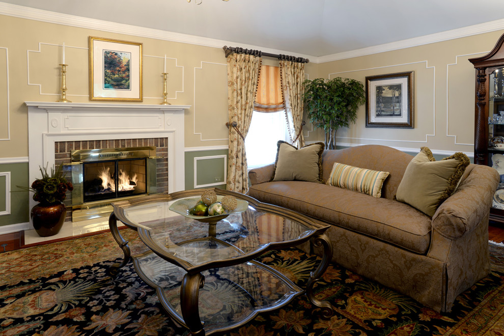 Inspiration for a large traditional formal enclosed living room in Chicago with multi-coloured walls, dark hardwood floors, a standard fireplace, a wood fireplace surround and no tv.