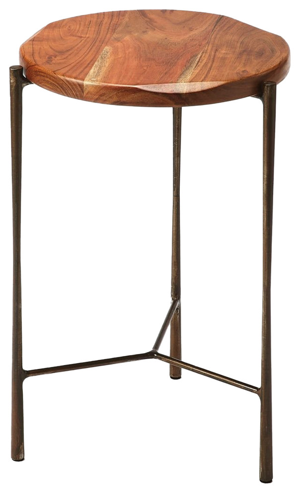 Modern Round Solid Acacia Wood Top Live Edge Accent End Table with Iron