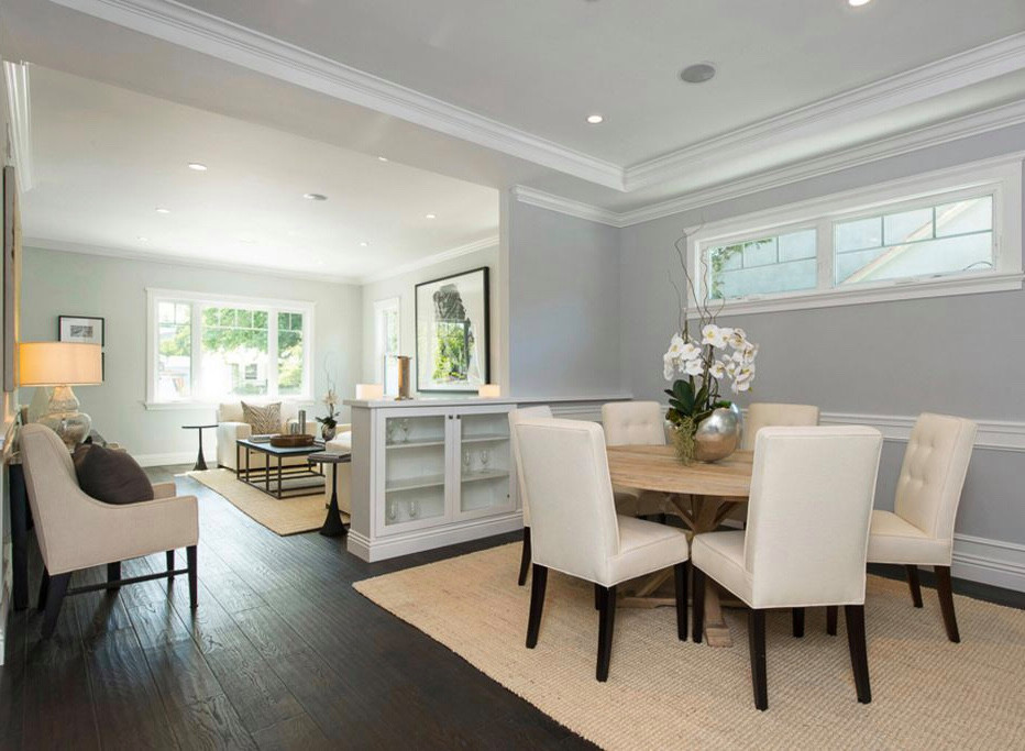 Transitional open plan dining in Other with grey walls, dark hardwood floors and brown floor.