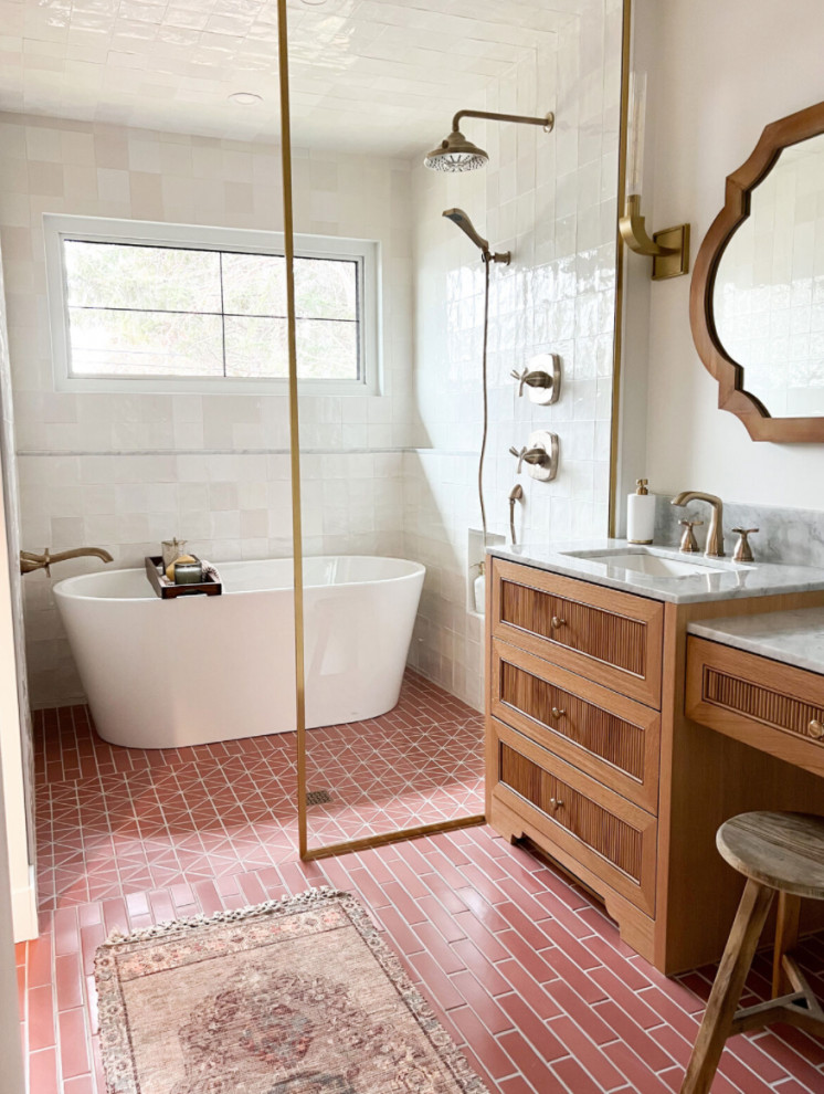 Midcentury bathroom in San Francisco with ceramic floors and red floor.