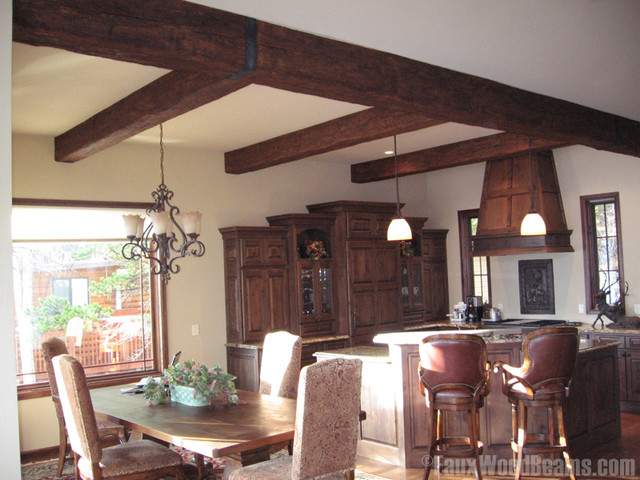 wood beams in dining room