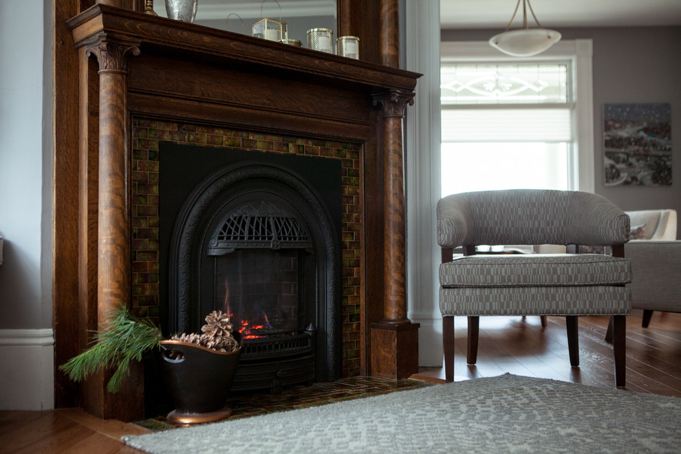 Traditional living room in Other with a corner fireplace.