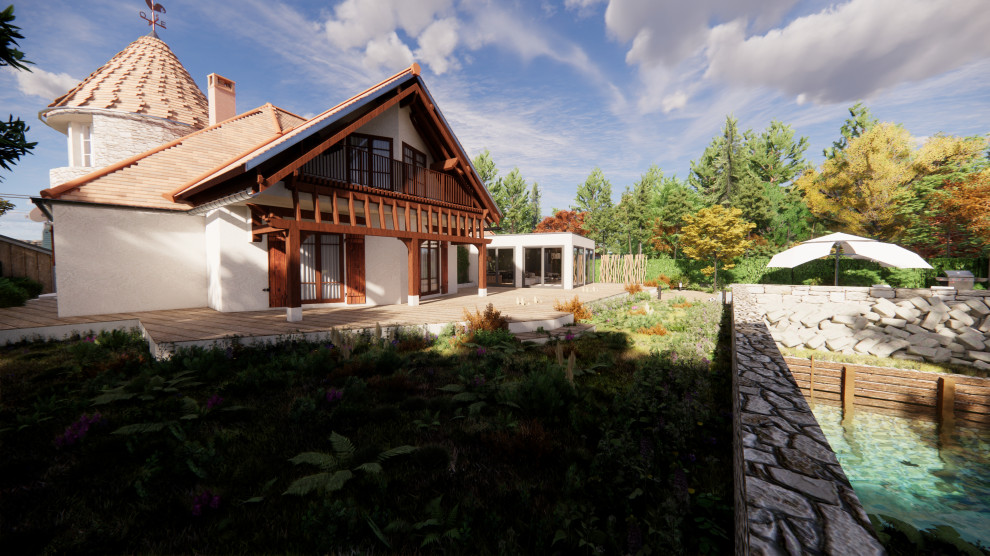 Пример оригинального дизайна: большой, белый частный загородный дом в современном стиле с черепичной крышей и коричневой крышей