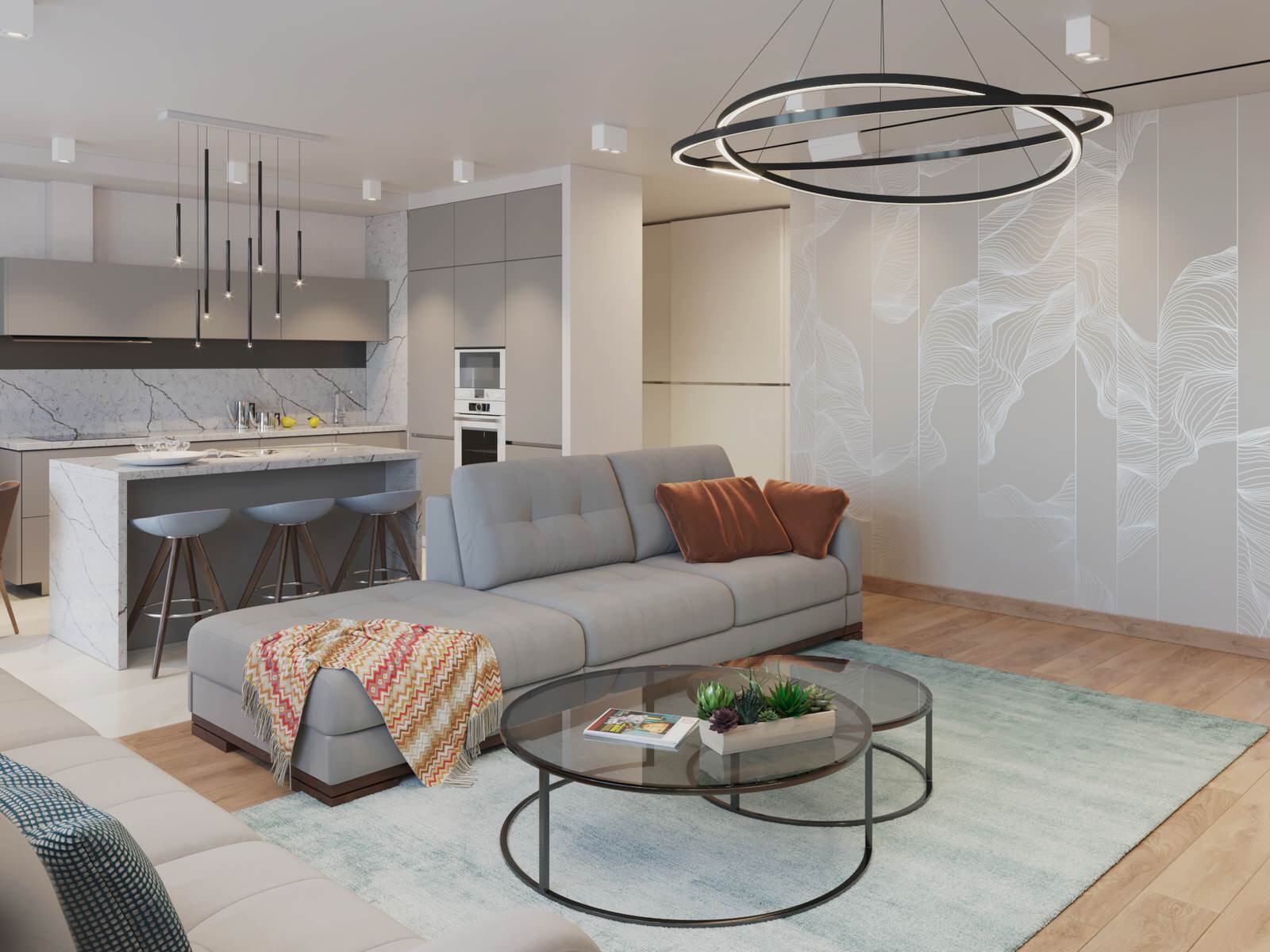 Вид на гостиную и кухню