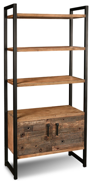 Atwood Rustic Industrial Distressed, Tall Solid Wood Bookcase With Doors