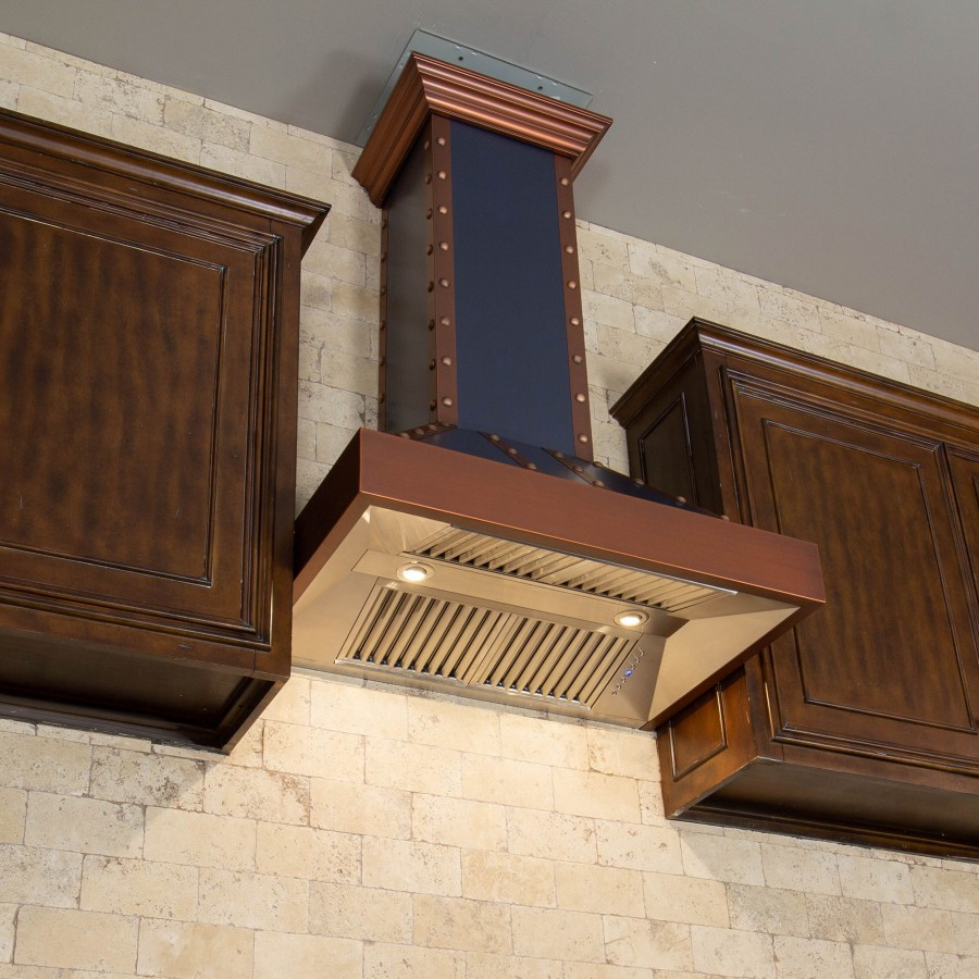 Kitchens featuring a ZLINE Copper Wall Range Hood