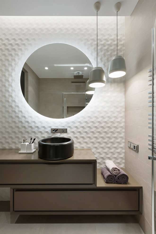 Mid-sized contemporary bathroom in Saint Petersburg with beige tile, white tile, porcelain tile, porcelain floors, a vessel sink, solid surface benchtops, flat-panel cabinets and medium wood cabinets.