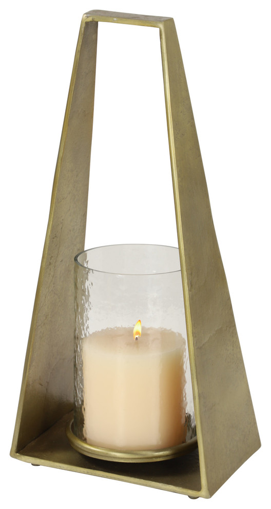 Large Modern Triangular Gold Metal Candle Holder With Hurricane Glass