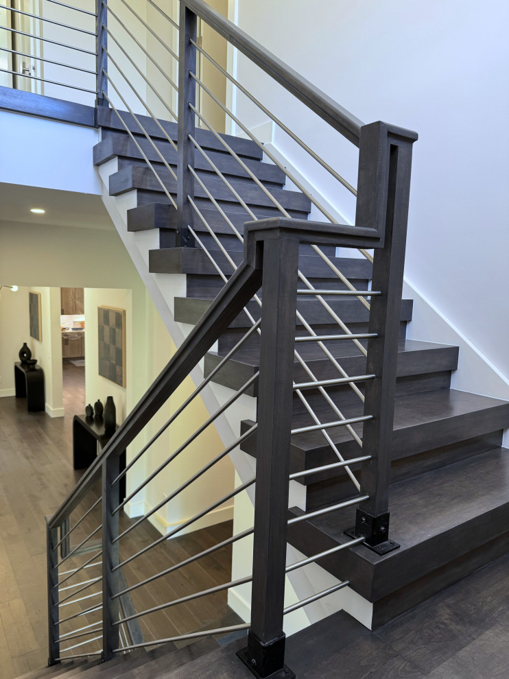 Stair Railing Transitional 137_Transitional Maple Staircase with Stainless Steel Rail, Clifton, VA ...