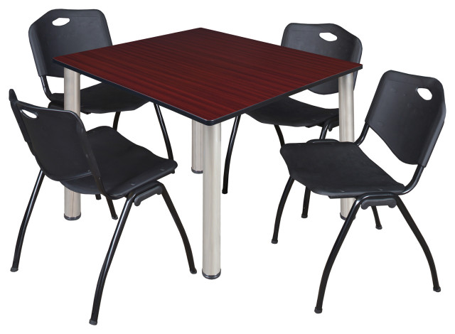Kee 48" Square Breakroom Table- Mahogany/ Chrome & 4 'M' Stack Chairs- Black