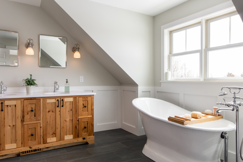 Design ideas for a large traditional master bathroom in Burlington with a freestanding tub, an open shower, grey walls, a console sink, wood benchtops, an open shower, an enclosed toilet, a double vanity and a built-in vanity.