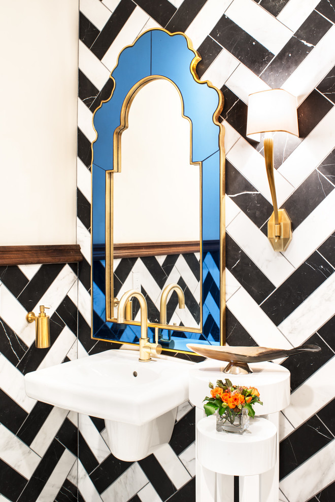 Design ideas for a mid-sized eclectic powder room in San Francisco with a wall-mount sink, stone tile and black and white tile.