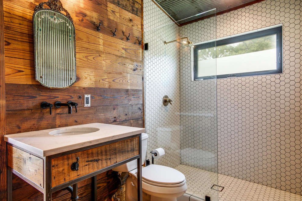 Design ideas for a country bathroom in Austin with open cabinets, medium wood cabinets, a two-piece toilet, black and white tile, brown walls, an undermount sink and an open shower.