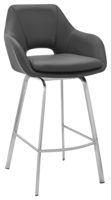 Aura Faux Leather and Metal Bar Stool, Stainless Steel & Gray, Bar Height - 29-3
