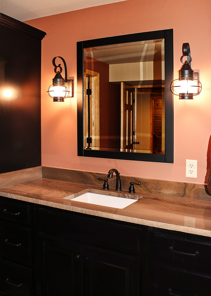 Mountain style master brown tile and ceramic tile ceramic tile doorless shower photo in Chicago
