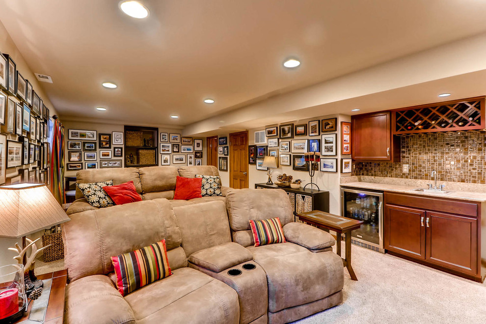 Design ideas for a small country look-out basement in Denver with beige walls and carpet.