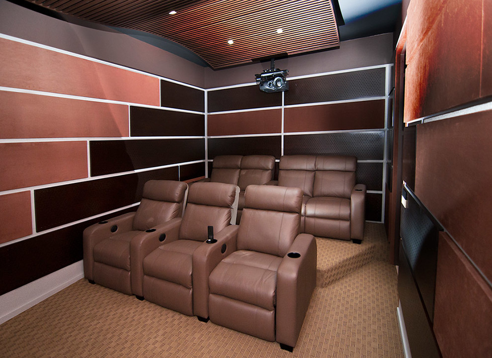 Inspiration for a mid-sized transitional enclosed home theatre in Other with multi-coloured walls, carpet, a projector screen and brown floor.