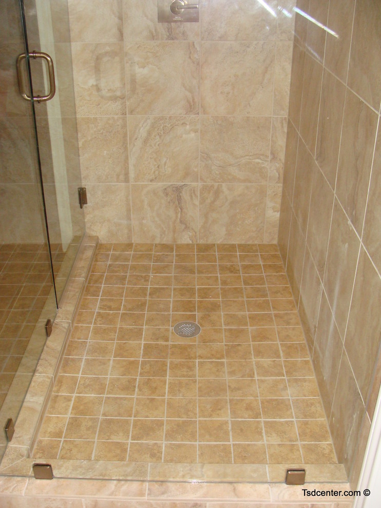 Transitional multicolored tile and porcelain tile porcelain tile home design photo with an undermount sink and white cabinets