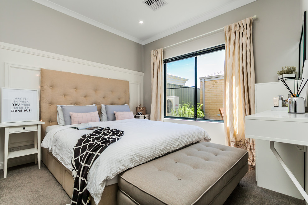 Design ideas for a transitional bedroom in Perth with grey walls, carpet and no fireplace.
