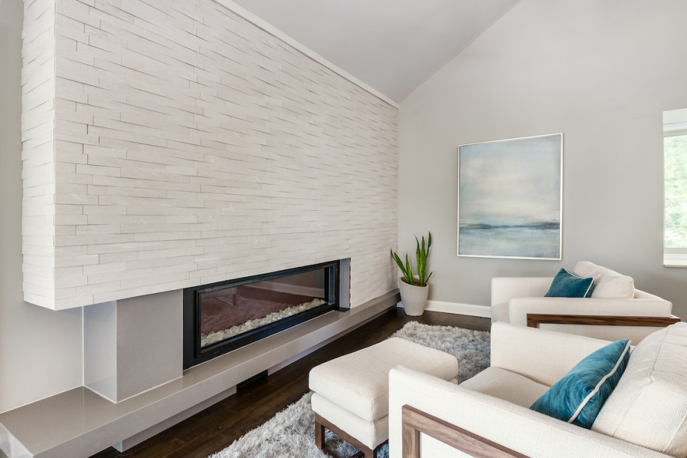 Modelo de sala de estar moderna de tamaño medio con paredes grises, suelo de madera en tonos medios, marco de chimenea de hormigón y suelo marrón