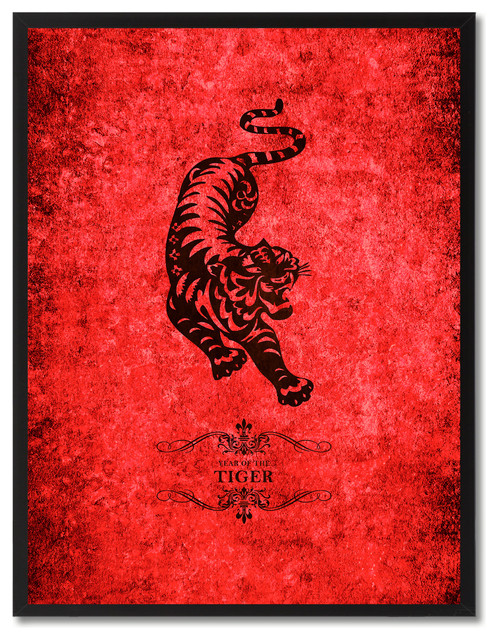 Tiger Chinese Zodiac Red Print on Canvas with Picture Frame, 13"x17"