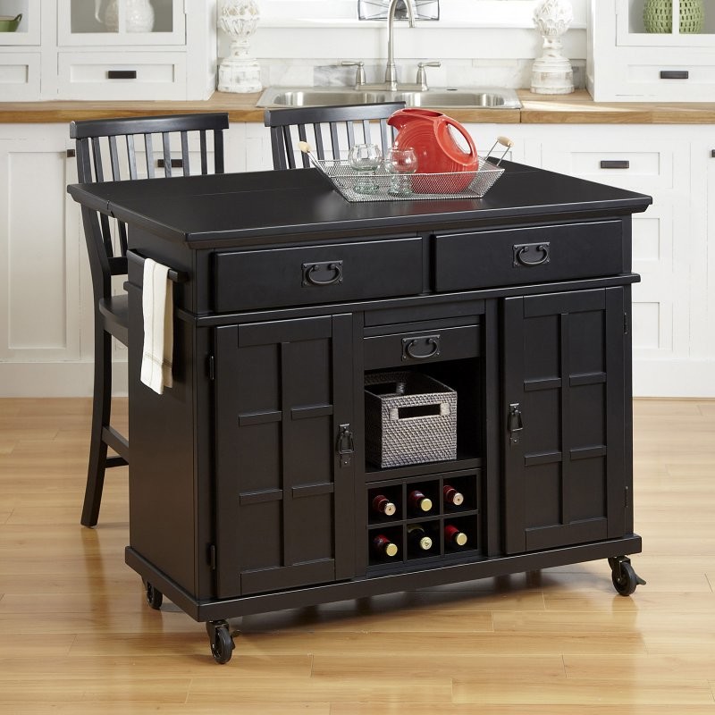 Home Styles Arts & Crafts Black 3 Piece Kitchen Cart and Two Stools Set - 5181-9