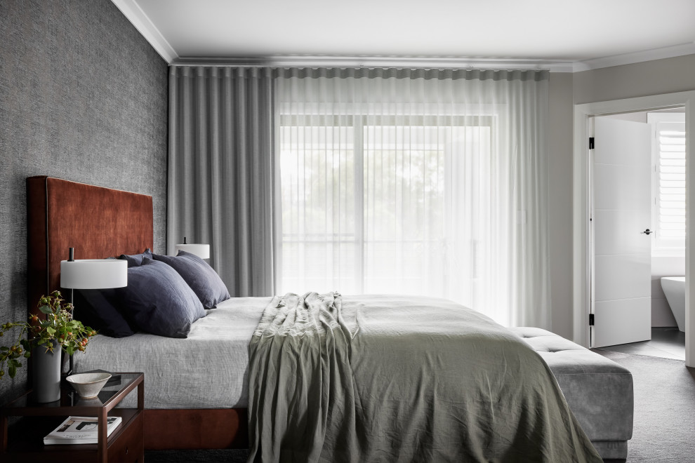 Inspiration for an expansive contemporary master bedroom in Sydney with grey walls, carpet and wallpaper.